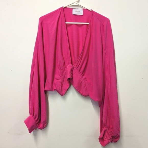 Blush Boutique Hot Pink Crop Top with Deep V and Bishop Sleeve L - Picture 3 of 10